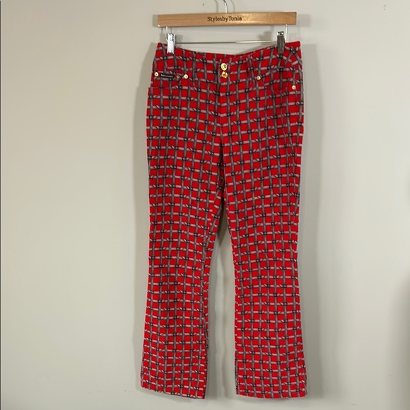 Dolce and Gabbana Velvet Pants Belt Check Print Red Checkered Womens Y2K D&G 10 - Picture 1 of 13